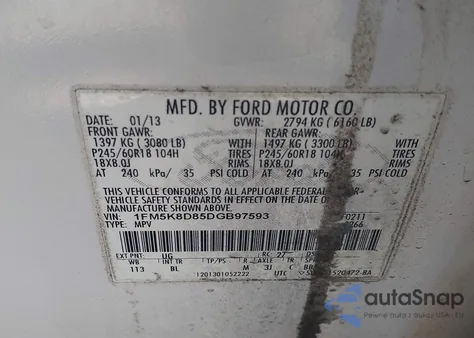 2013 Ford Explorer Xlt z USA, uszkodzony, nr VIN 1FM5K8D85DGB97593